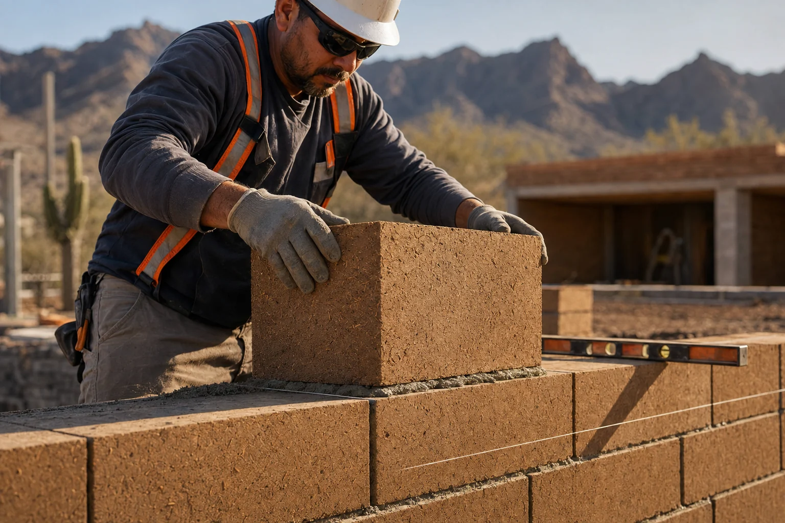Mason laying a solid compressed-earth block