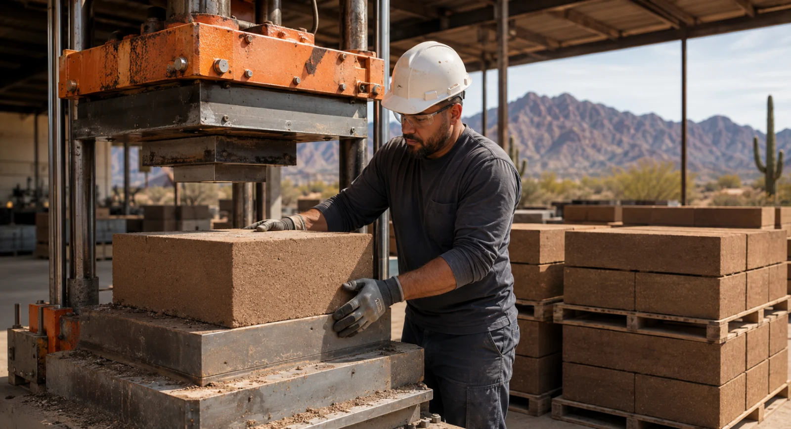 Worker inspecting a solid compressed-earth block