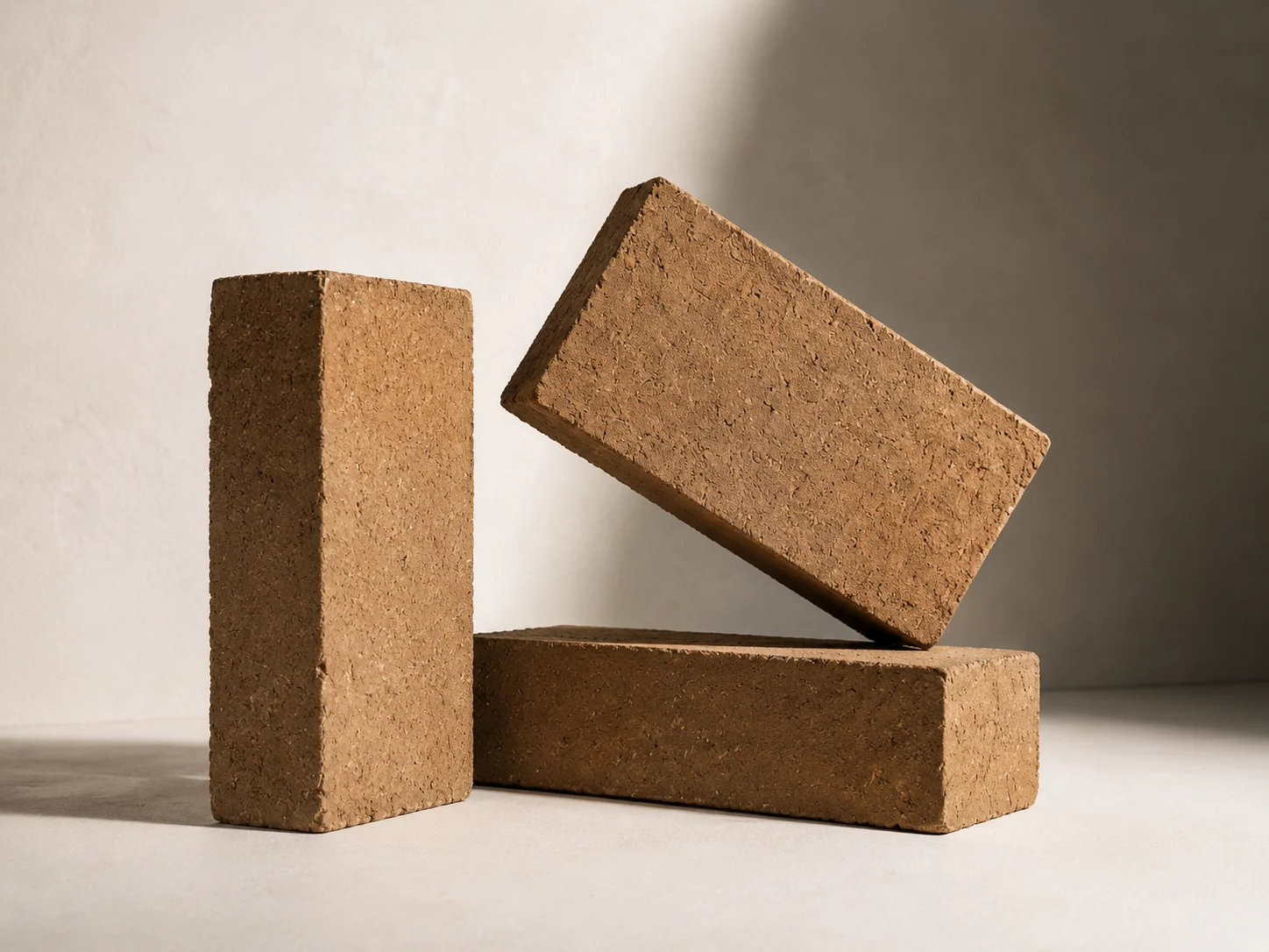 Three solid monolithic compressed-earth blocks